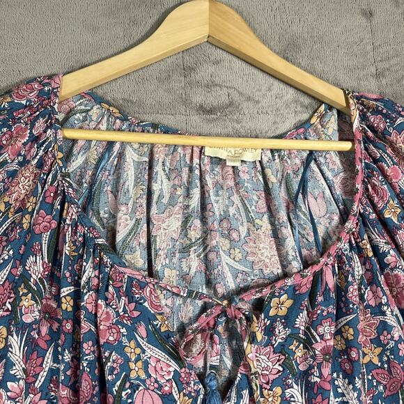 Cynthia Rowley Blouse Women's 1X Soft Floral Pink Blue Boho Tassels Peasant - Picture 5 of 10